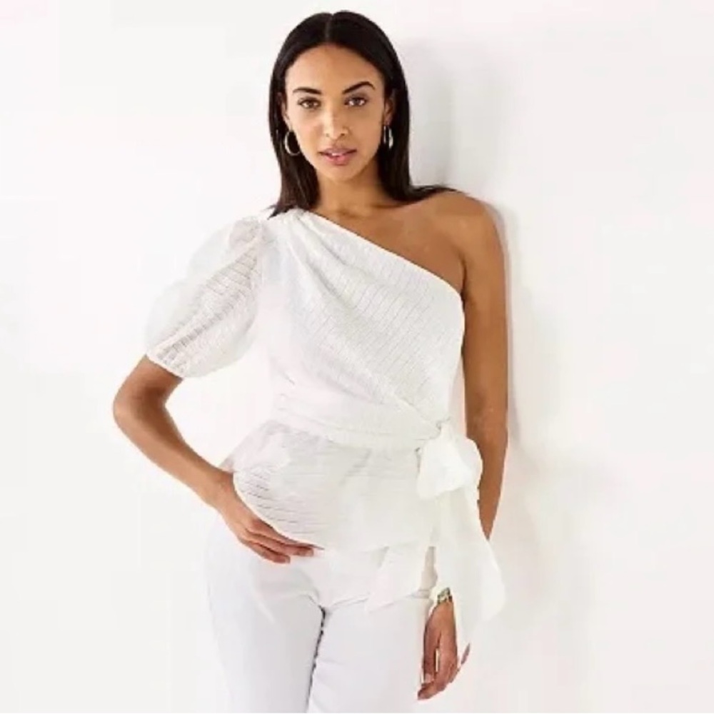 Nine West White One Shoulder Tie Waist Peplum Holiday Party Top Size M NWOT